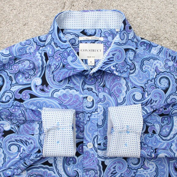 Construct Flip Cuff Shirt Mens Medium 15-15 1/2 Blue Floral 4 Way Stretch L/S - Picture 1 of 13